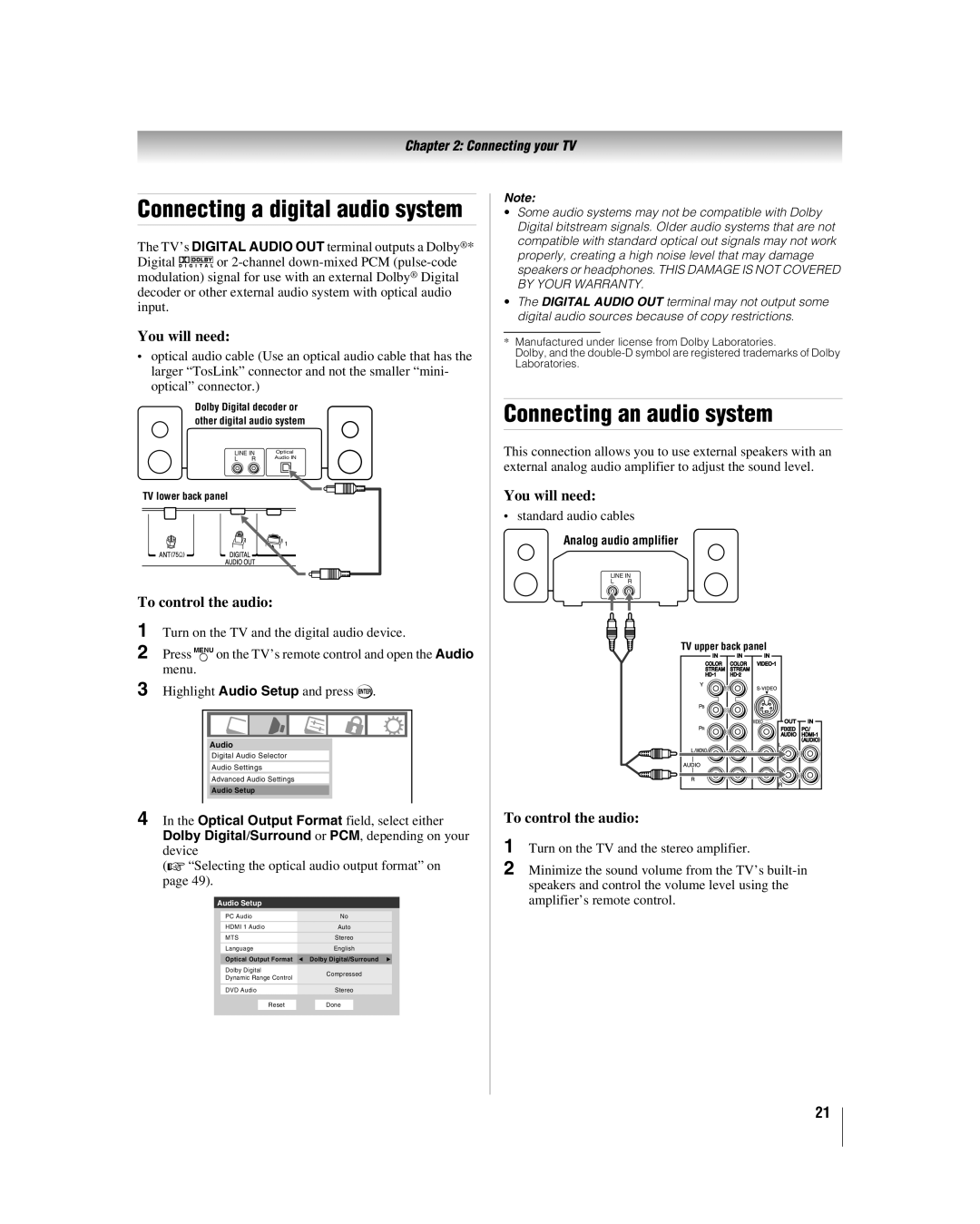 Toshiba 26LV47 manual Connecting an audio system, To control the audio 