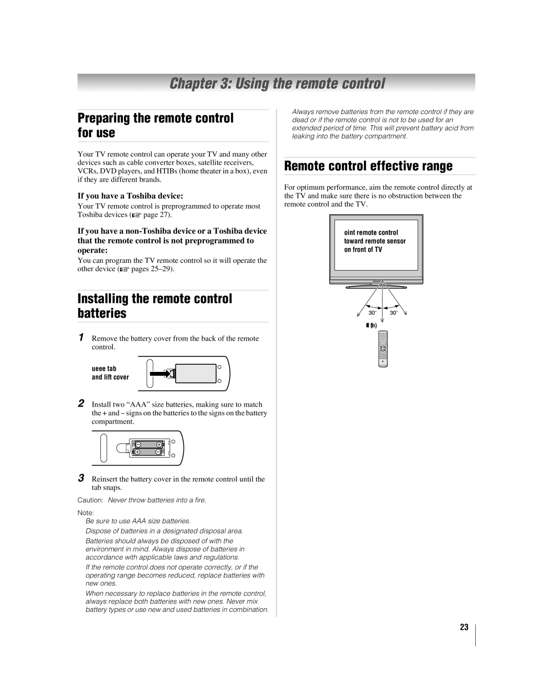 Toshiba 26LV47 Using the remote control, Preparing the remote control for use, Installing the remote control batteries 