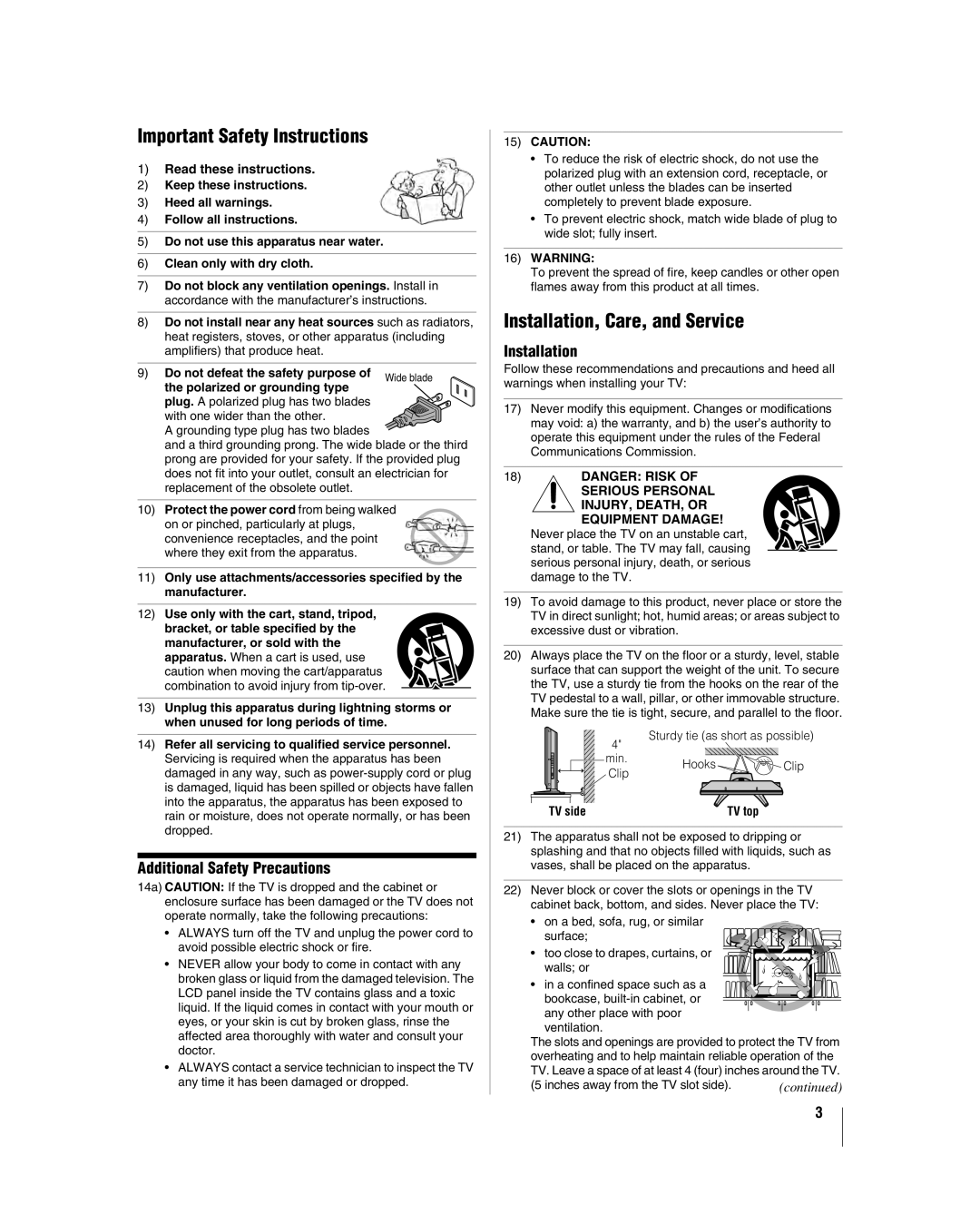 Toshiba 26LV47 manual Important Safety Instructions, Installation, Care, and Service, Additional Safety Precautions 