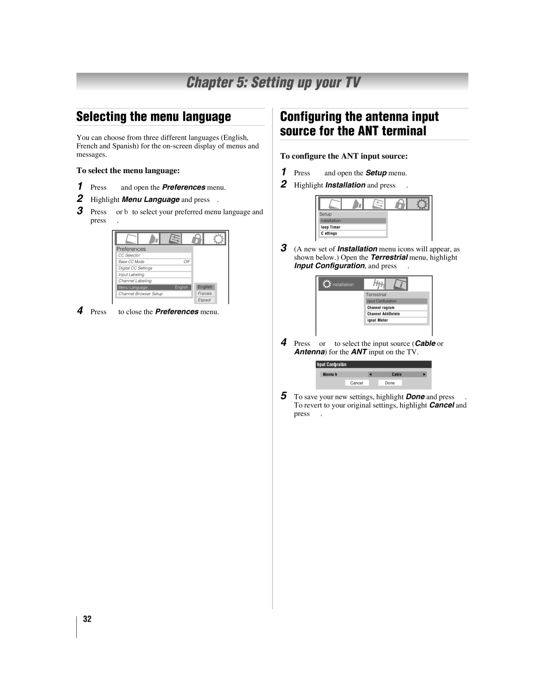 Toshiba 26LV47 manual Setting up your TV, Selecting the menu language, To select the menu language 