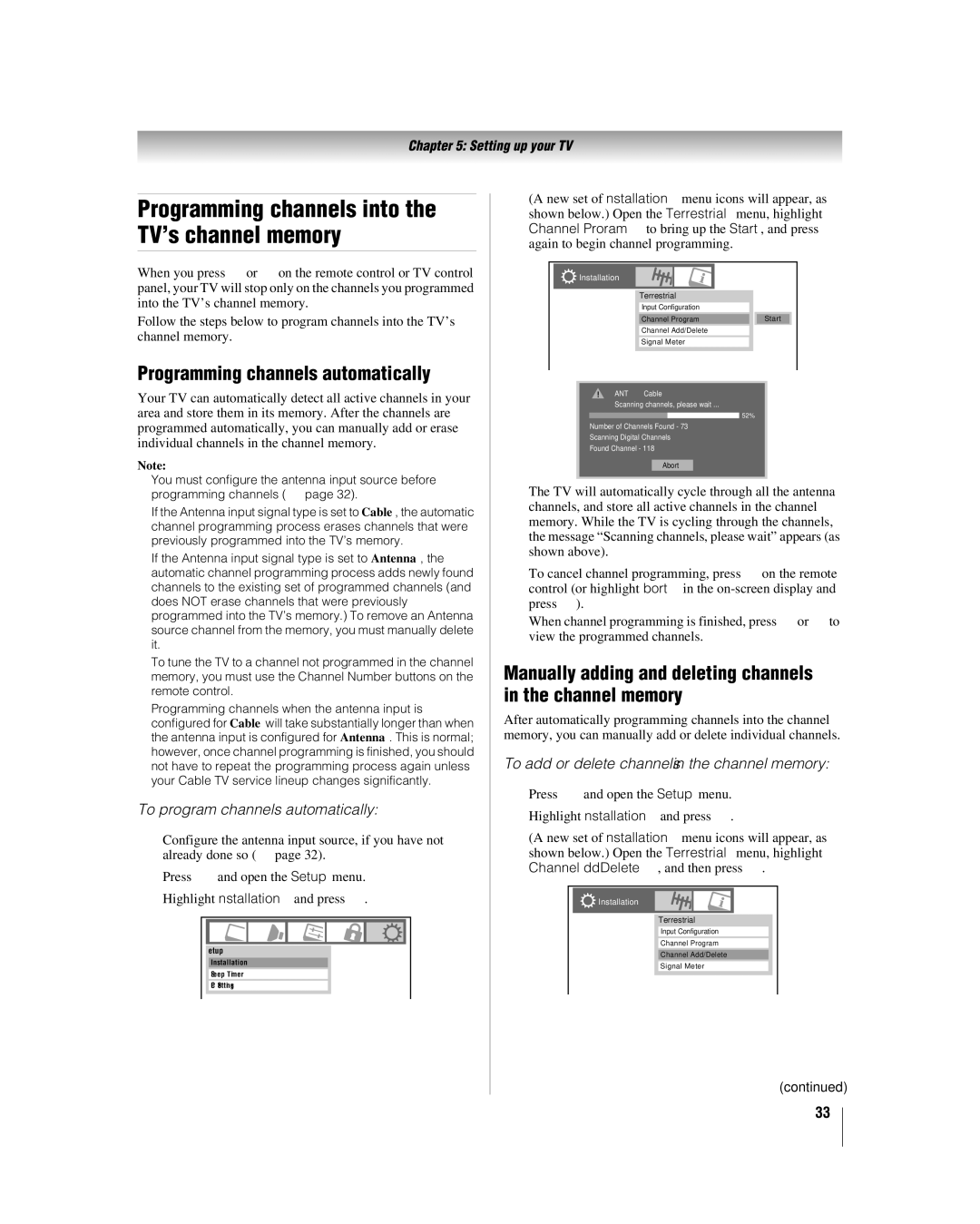 Toshiba 26LV47 manual Programming channels automatically, Manually adding and deleting channels in the channel memory 