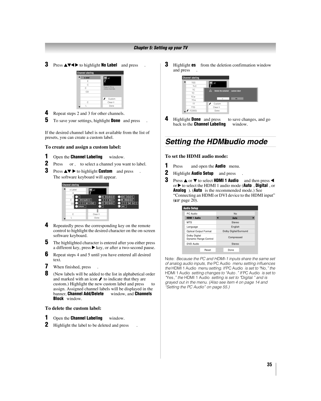 Toshiba 26LV47 manual Setting the Hdmi audio mode, To create and assign a custom label, To set the Hdmi audio mode 