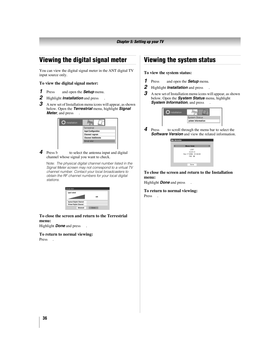 Toshiba 26LV47 manual Viewing the digital signal meter, Viewing the system status 