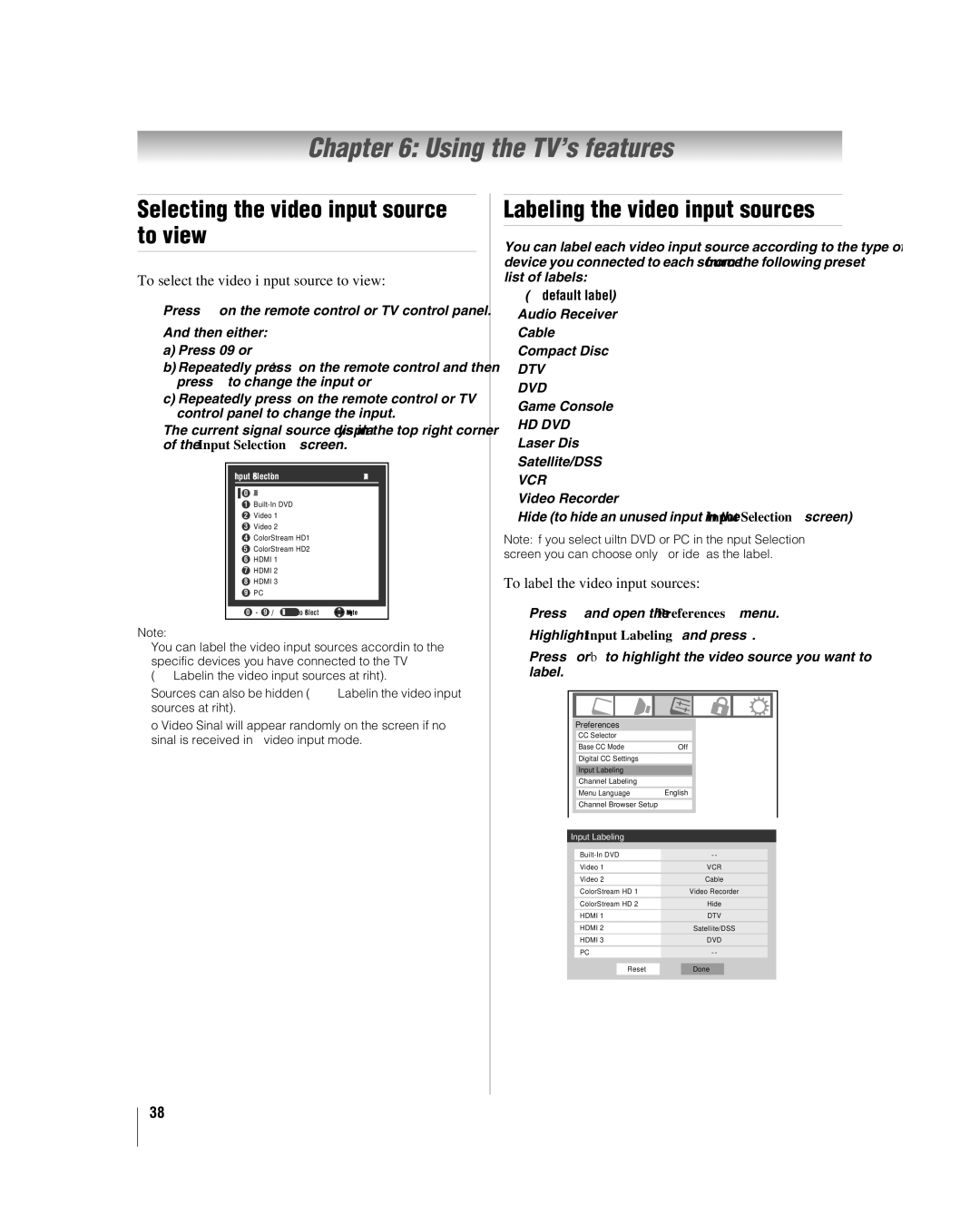 Toshiba 26LV47 manual Using the TV’s features, Selecting the video input source to view, Labeling the video input sources 