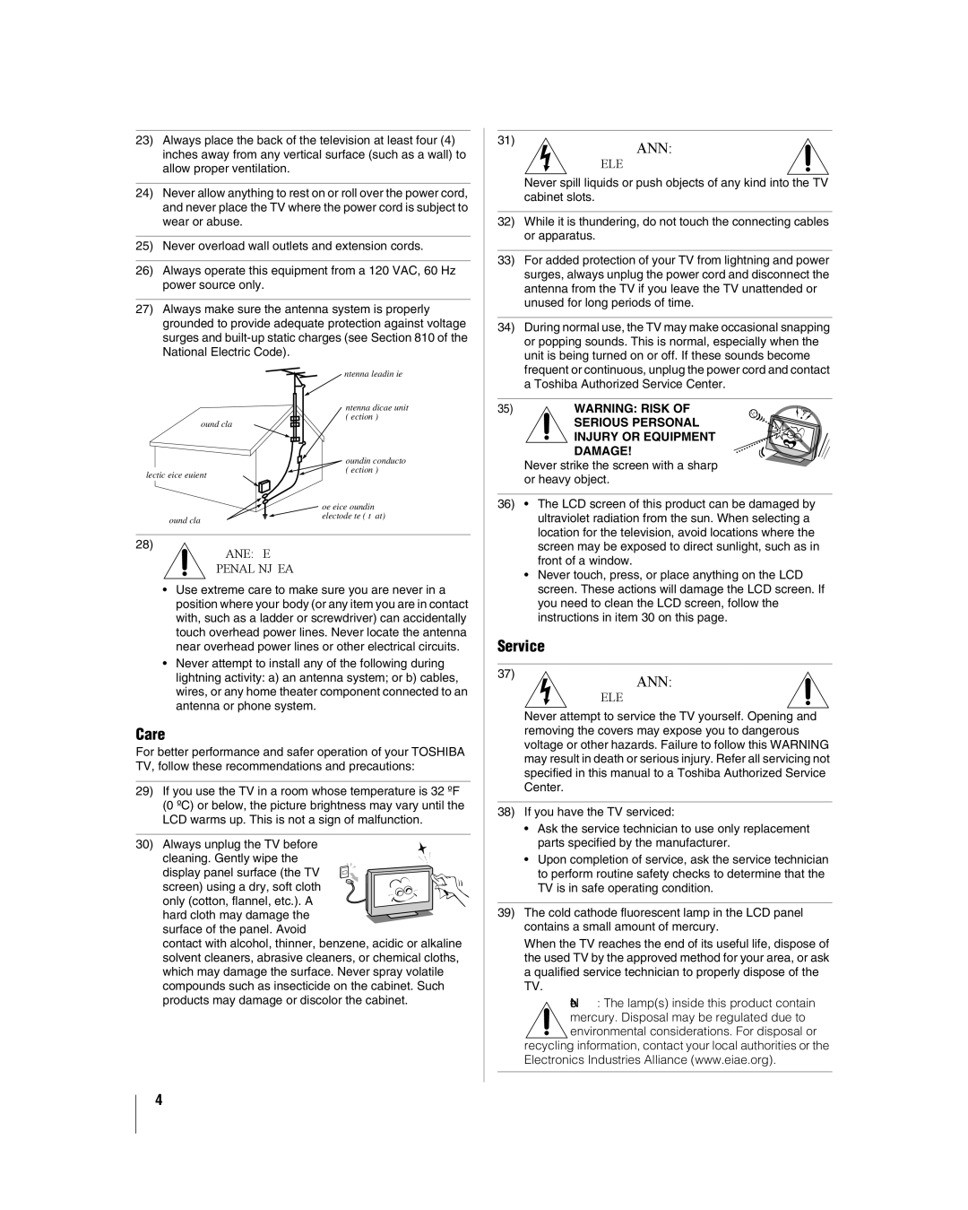 Toshiba 26LV47 manual Care, Service 