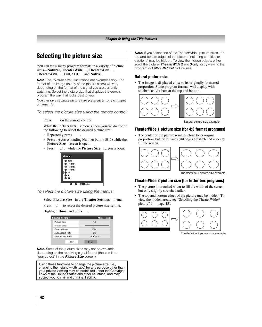 Toshiba 26LV47 manual Selecting the picture size, Natural picture size, TheaterWide 1 picture size for 43 format programs 