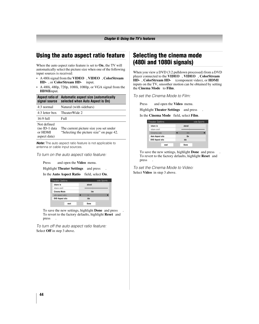 Toshiba 26LV47 manual To turn on the auto aspect ratio feature, To turn off the auto aspect ratio feature 