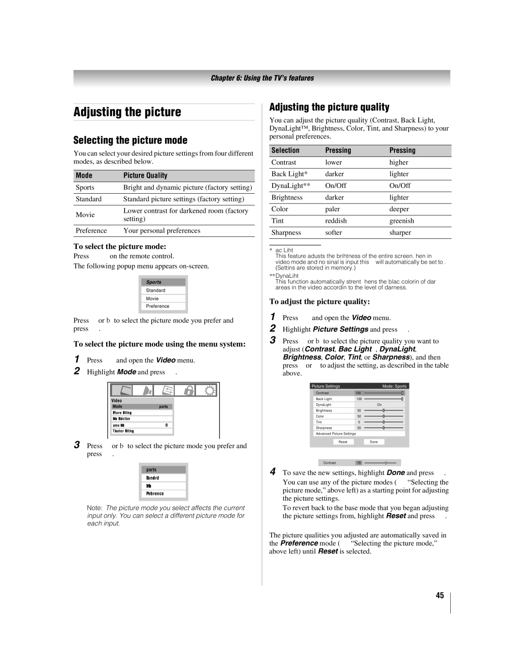 Toshiba 26LV47 manual Selecting the picture mode, Adjusting the picture quality 