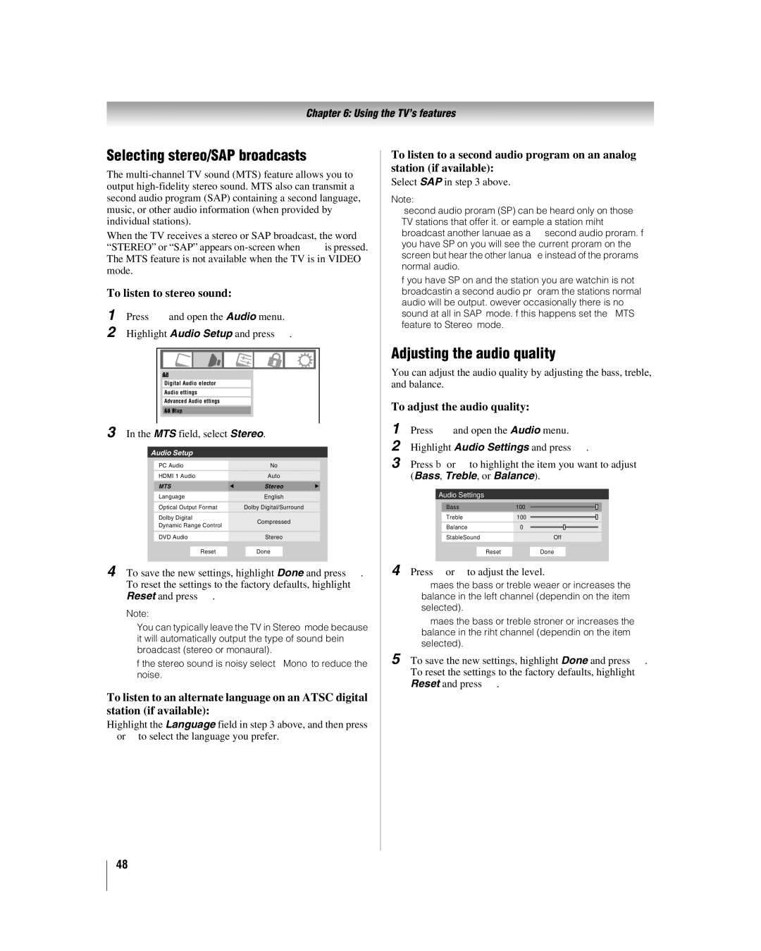 Toshiba 26LV47 manual Selecting stereo/SAP broadcasts, Adjusting the audio quality, To listen to stereo sound 