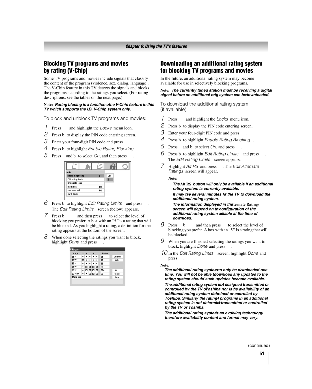 Toshiba 26LV47 manual Blocking TV programs and movies by rating V-Chip, To block and unblock TV programs and movies 