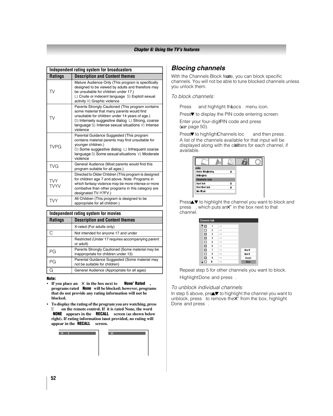 Toshiba 26LV47 manual Blocking channels, To block channels, To unblock individual channels 