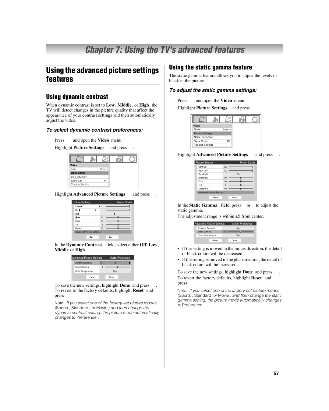 Toshiba 26LV47 Using the TV’s advanced features, Using the advanced picture settings features, Using dynamic contrast 