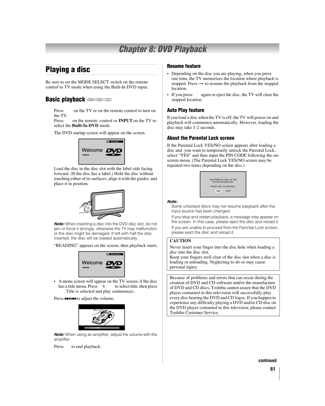 Toshiba 26LV47 manual DVD Playback, Playing a disc, Basic playback DVD VCD CD 