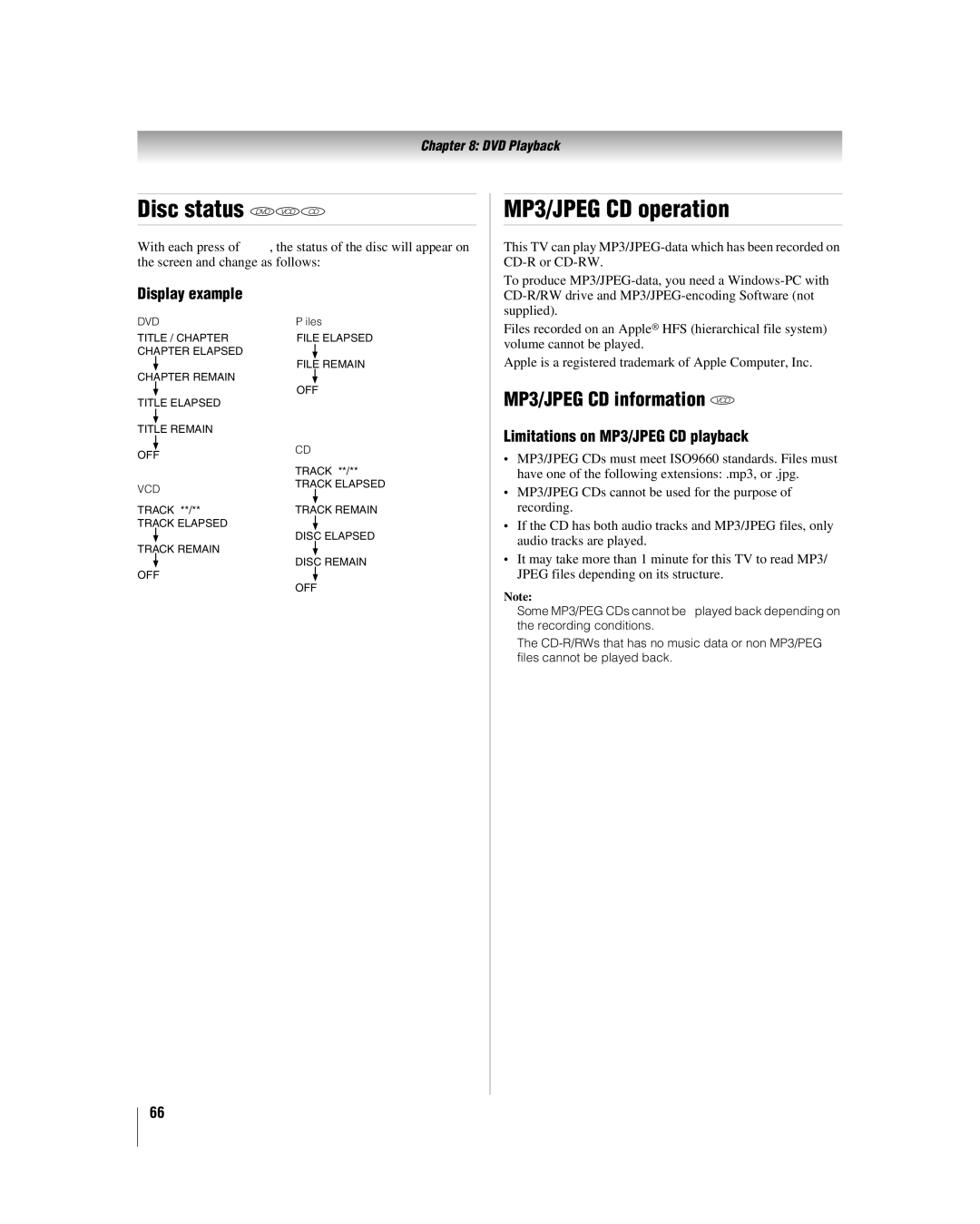 Toshiba 26LV47 manual Disc status DVD VCD CD, MP3/JPEG CD operation, MP3/JPEG CD information VCD, Display example 