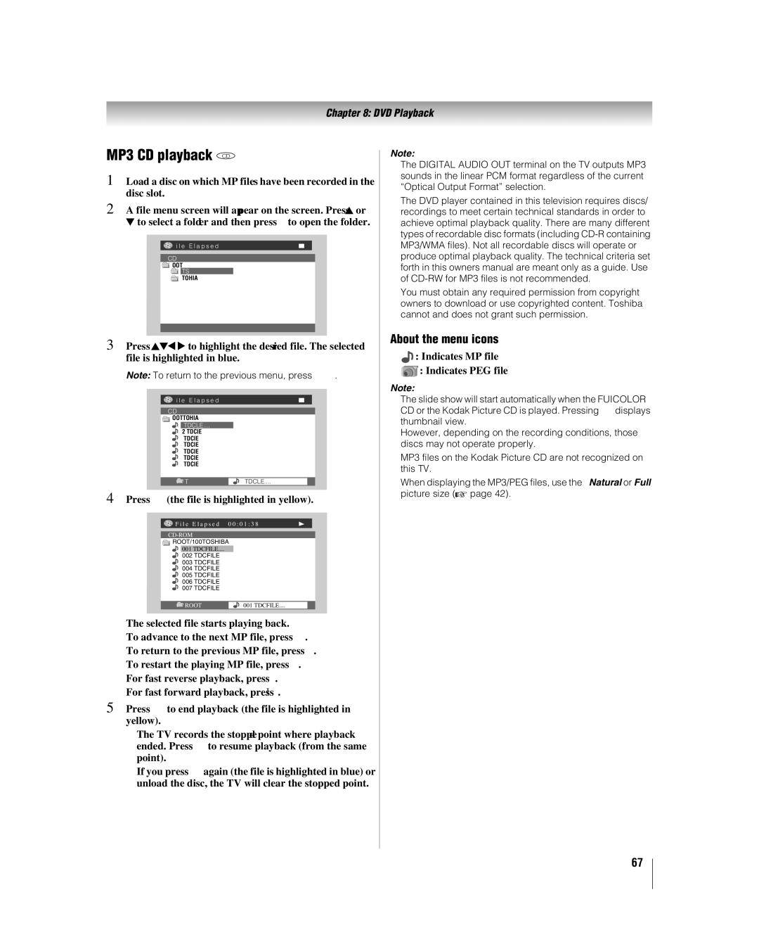 Toshiba 26LV47 About the menu icons, Press Sthe file is highlighted in yellow, Indicates MP3 file Indicates Jpeg file 