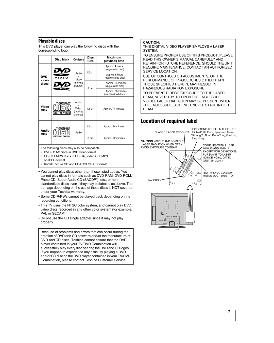 Toshiba 26LV47 manual Location of required label, Playable discs 