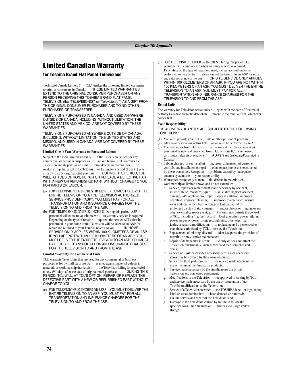 Toshiba 26LV47 manual Limited Canadian Warranty, For Toshiba Brand Flat Panel Televisions 