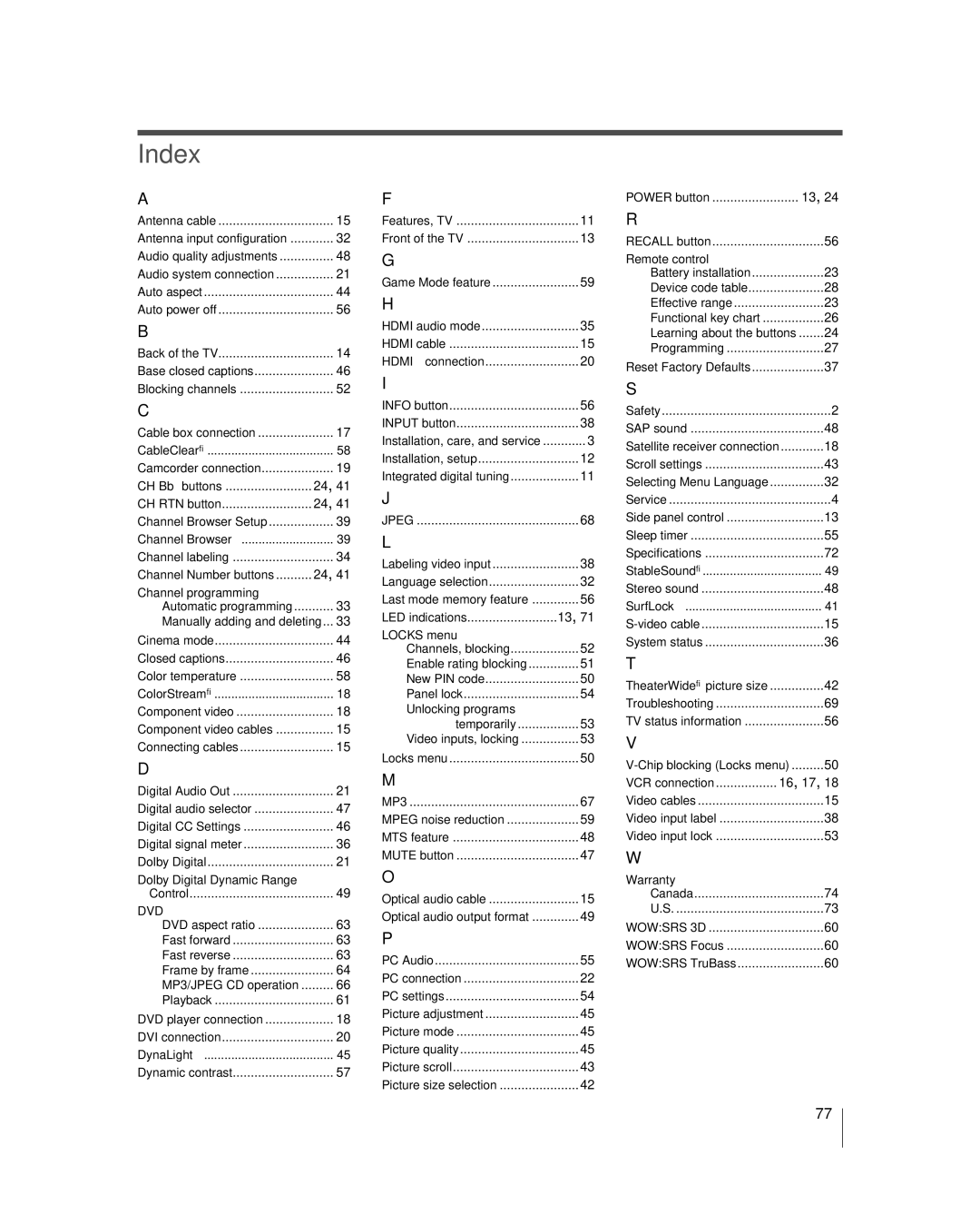 Toshiba 26LV47 manual Index, Dvd 