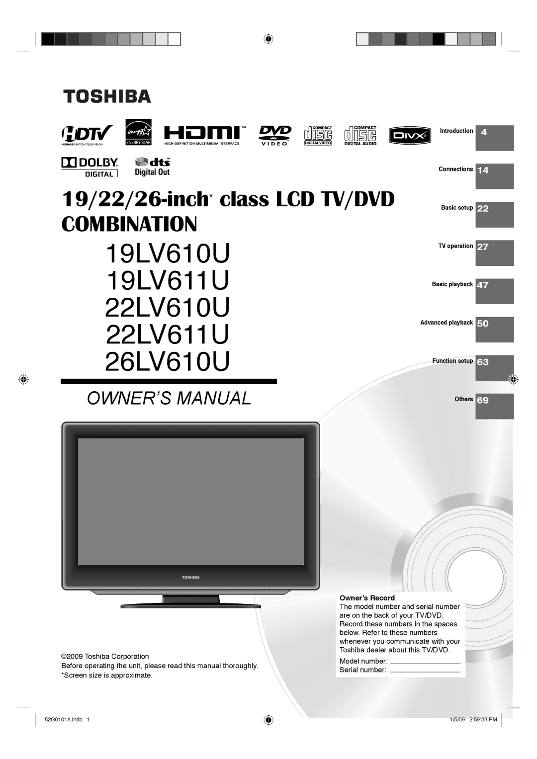 Toshiba owner manual 19LV610U 19LV611U 22LV610U 22LV611U 26LV610U, Ownerʼs Record 