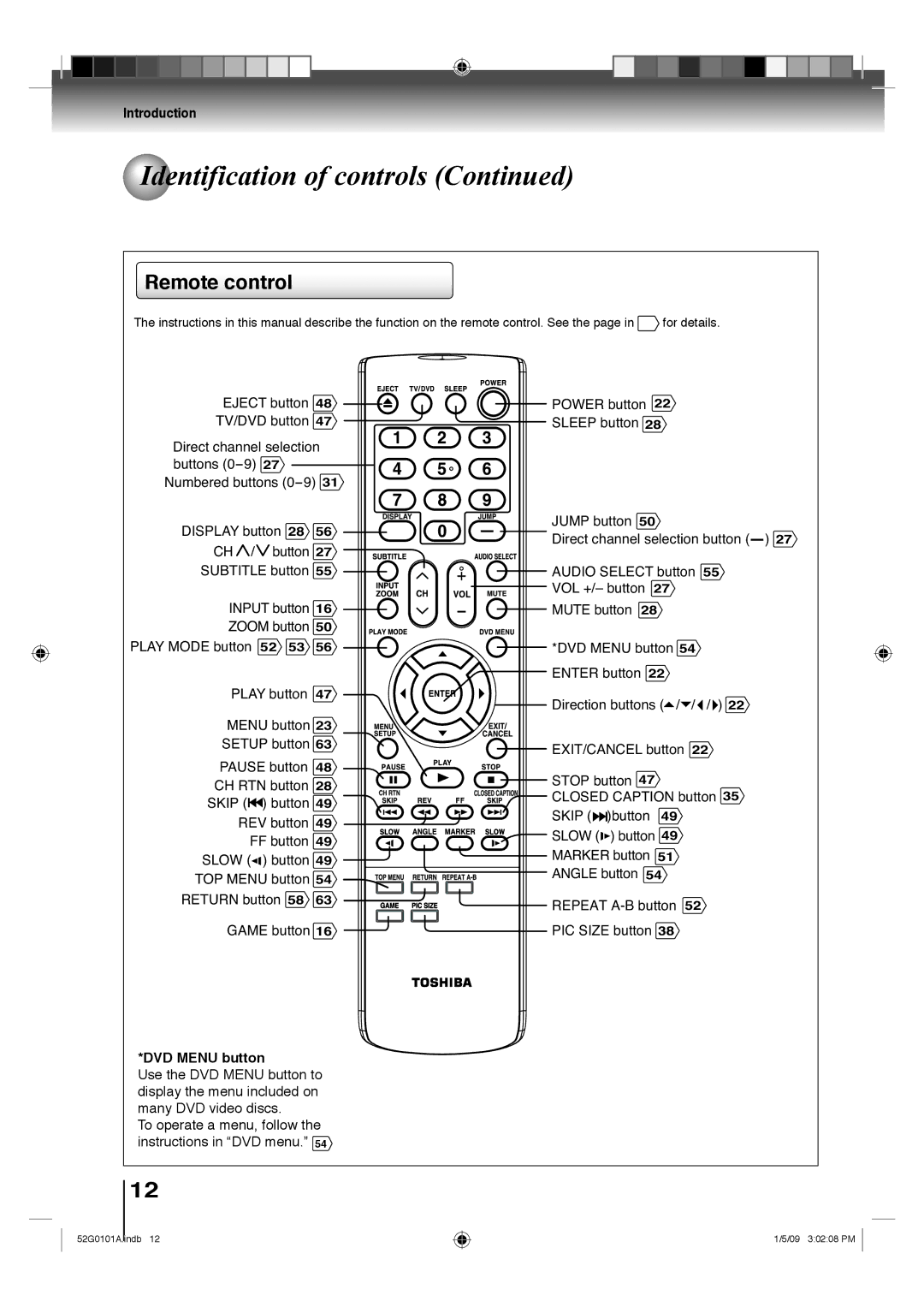 Toshiba 22LV611U, 26LV610U, 22LV610U, 19LV611U, 19LV610U owner manual Remote control, DVD Menu button 