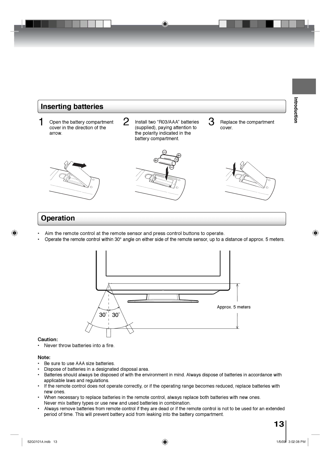 Toshiba 19LV611U, 26LV610U, 22LV610U, 22LV611U, 19LV610U owner manual Inserting batteries, Operation 