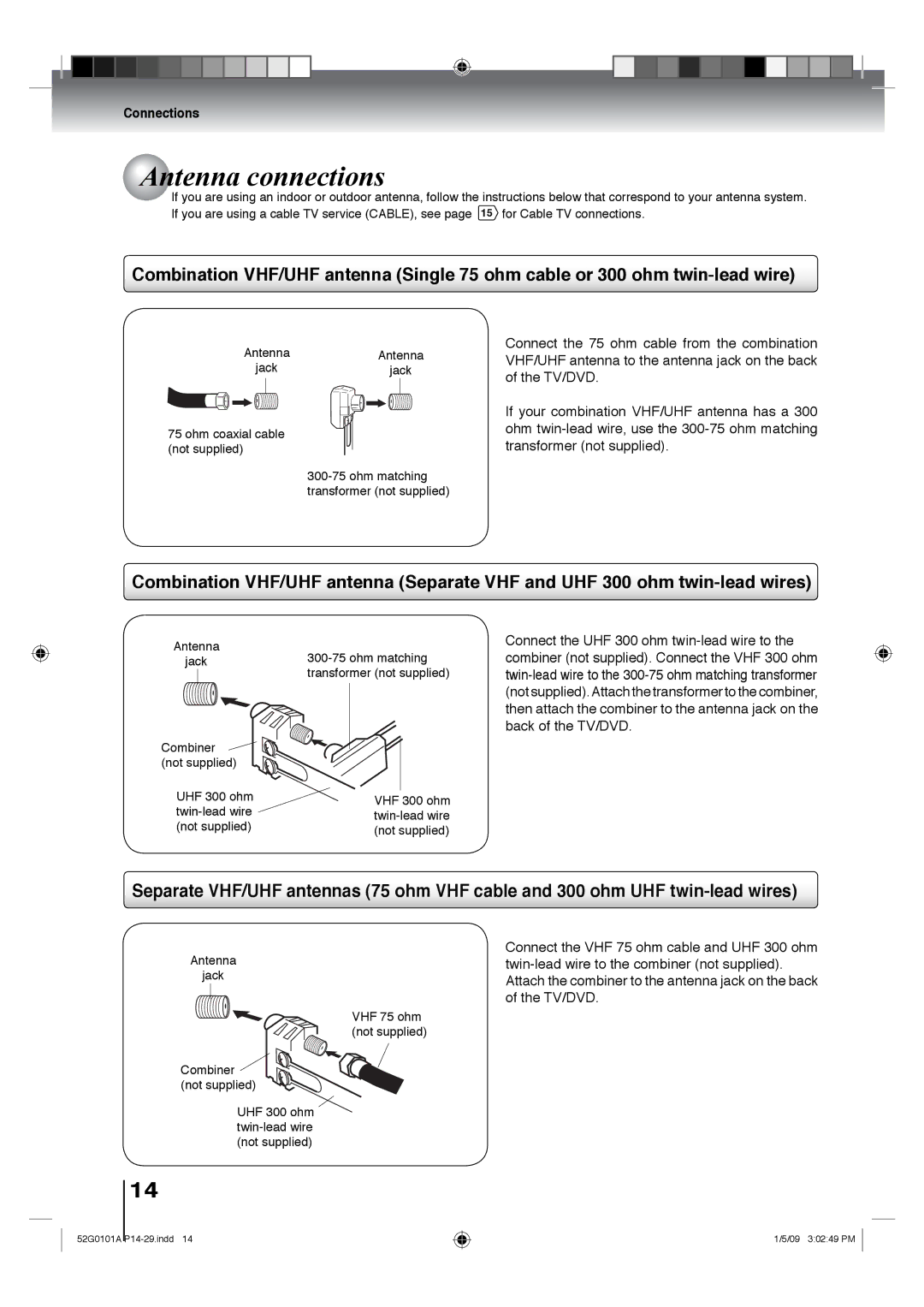 Toshiba 19LV610U, 26LV610U, 22LV610U, 22LV611U, 19LV611U owner manual Antenna connections, Connections 