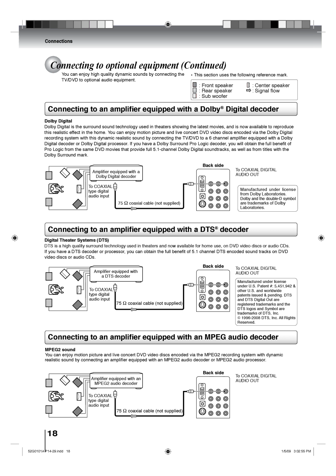 Toshiba 19LV611U Connecting to an ampliﬁer equipped with a DTS decoder, Dolby Digital, Digital Theater Systems DTS 