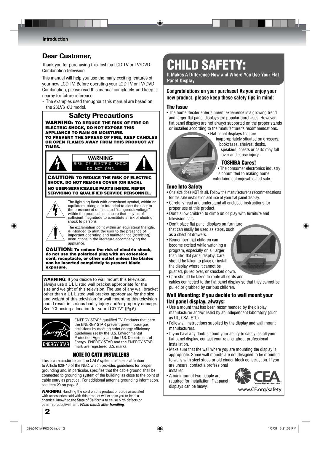 Toshiba 22LV611U, 26LV610U, 22LV610U, 19LV611U, 19LV610U owner manual Dear Customer, Introduction 