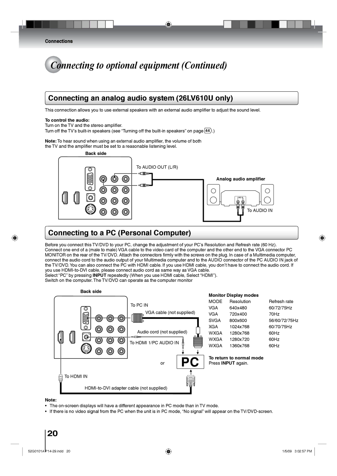 Toshiba Connecting an analog audio system 26LV610U only, Connecting to a PC Personal Computer, To control the audio 