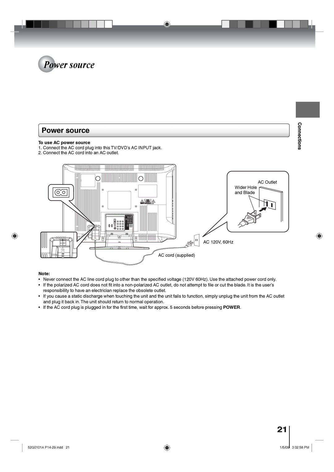 Toshiba 22LV610U, 26LV610U, 22LV611U, 19LV611U, 19LV610U owner manual Power source, To use AC power source 