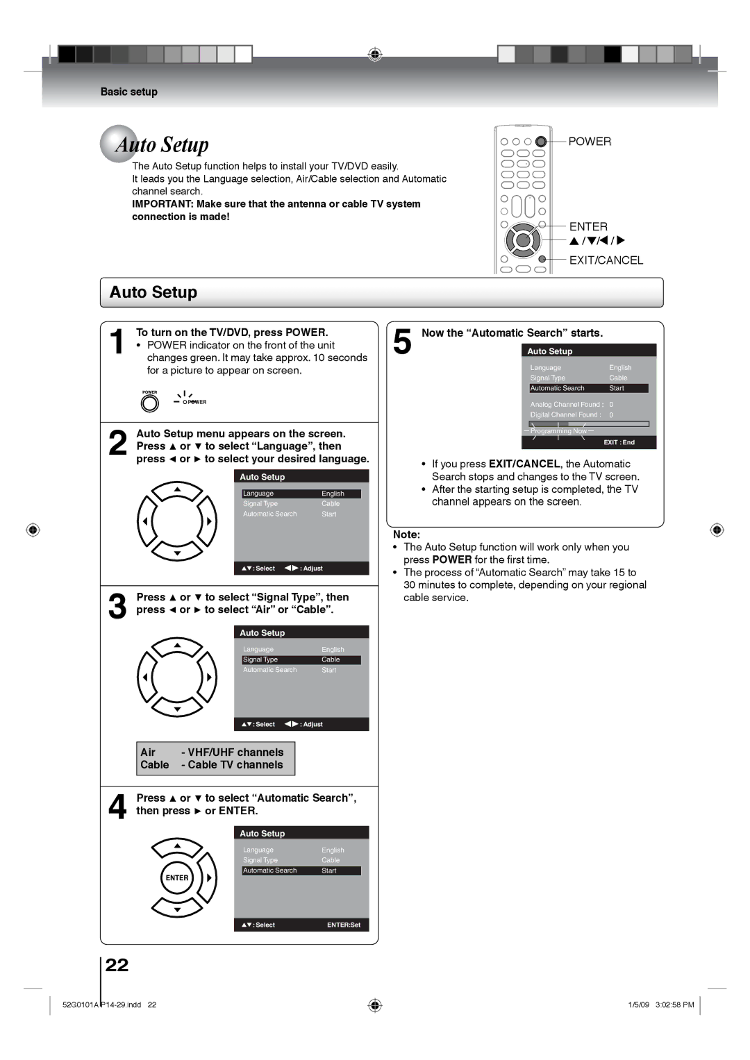 Toshiba 22LV611U, 26LV610U Auto Setup, Basic setup, Press or to select Signal Type, then, Press or to select Air or Cable 