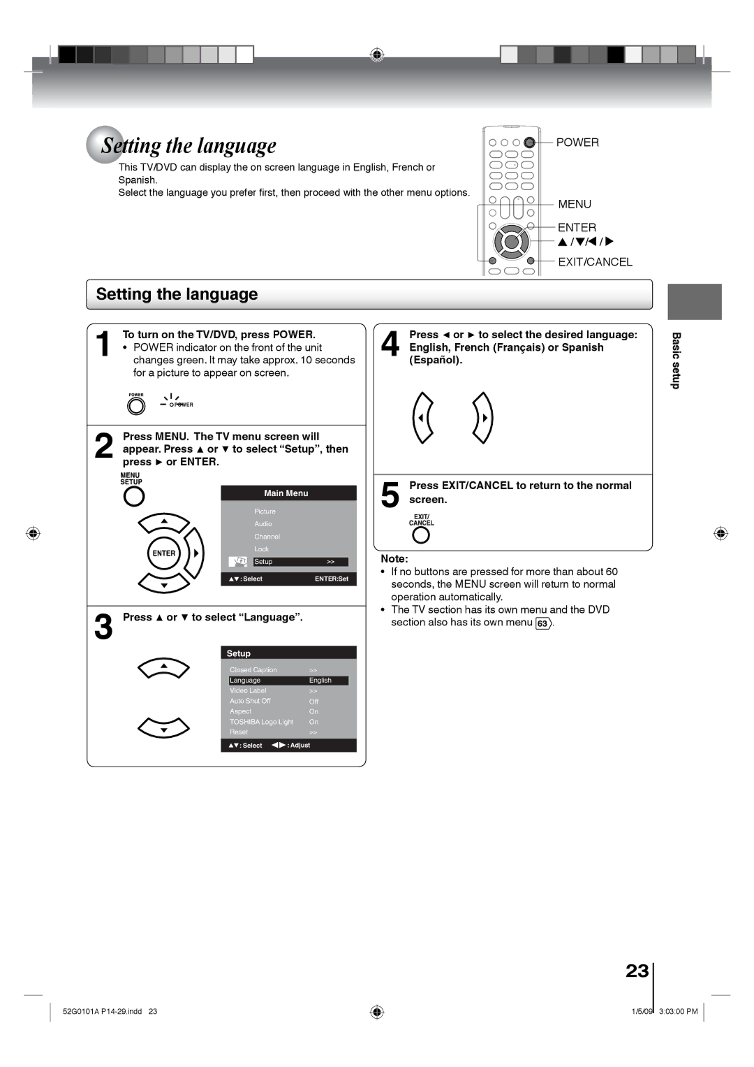 Toshiba 19LV611U, 26LV610U, 22LV610U, 22LV611U, 19LV610U Setting the language, Press or to select Language, Basic setup 