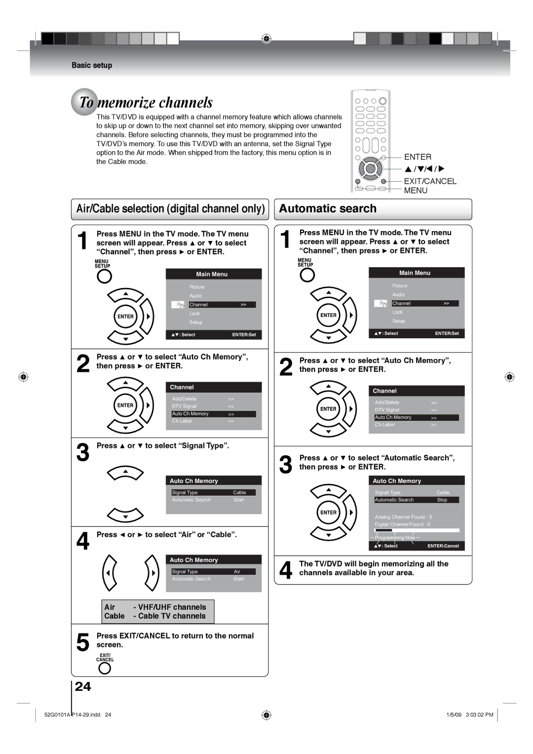 Toshiba 19LV610U, 26LV610U To memorize channels, Automatic search, Press or to select Auto Ch Memory Then press or Enter 