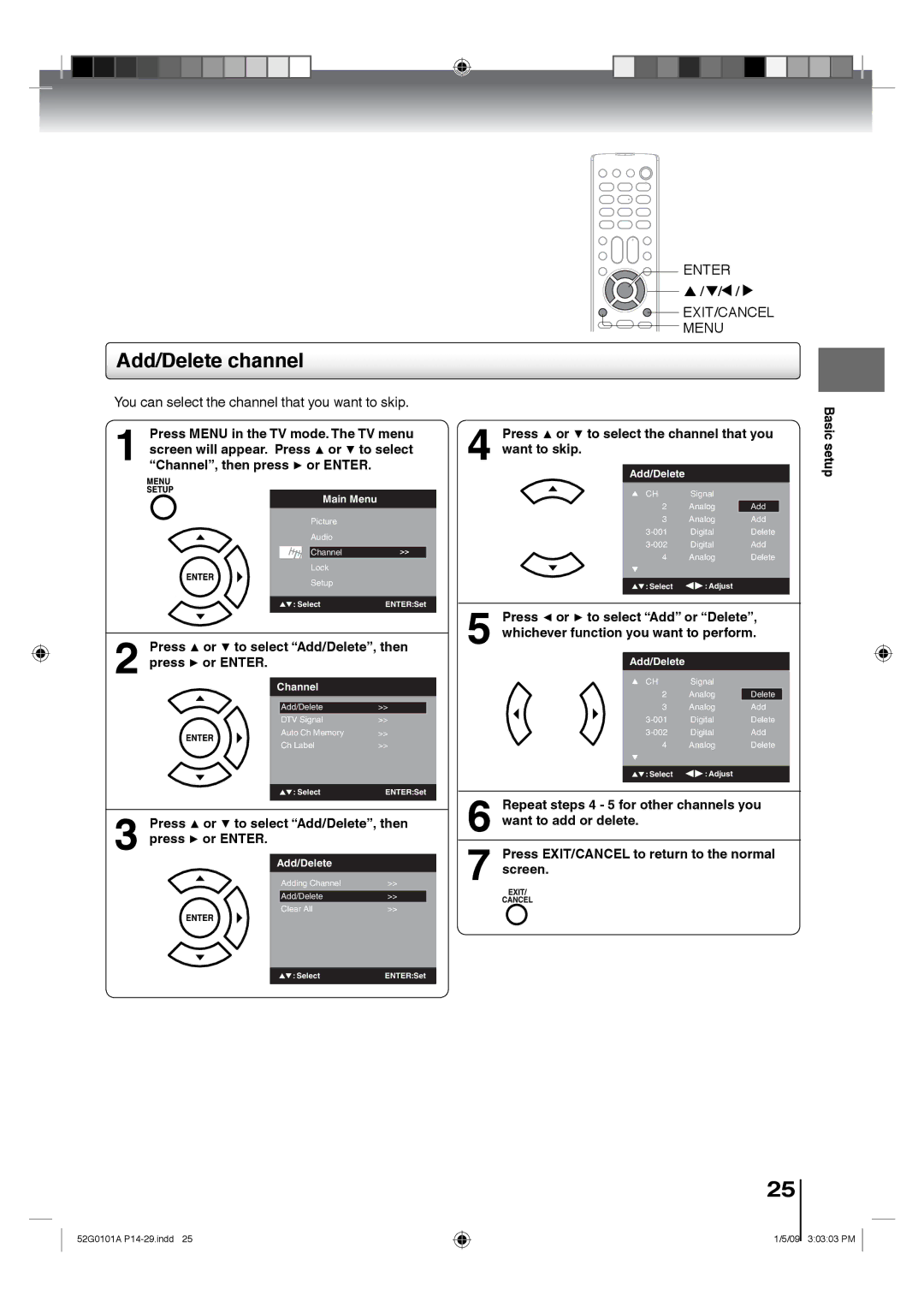 Toshiba 26LV610U, 22LV610U, 22LV611U, 19LV611U Add/Delete channel, Press or to select Add/Delete, then Press or Enter 