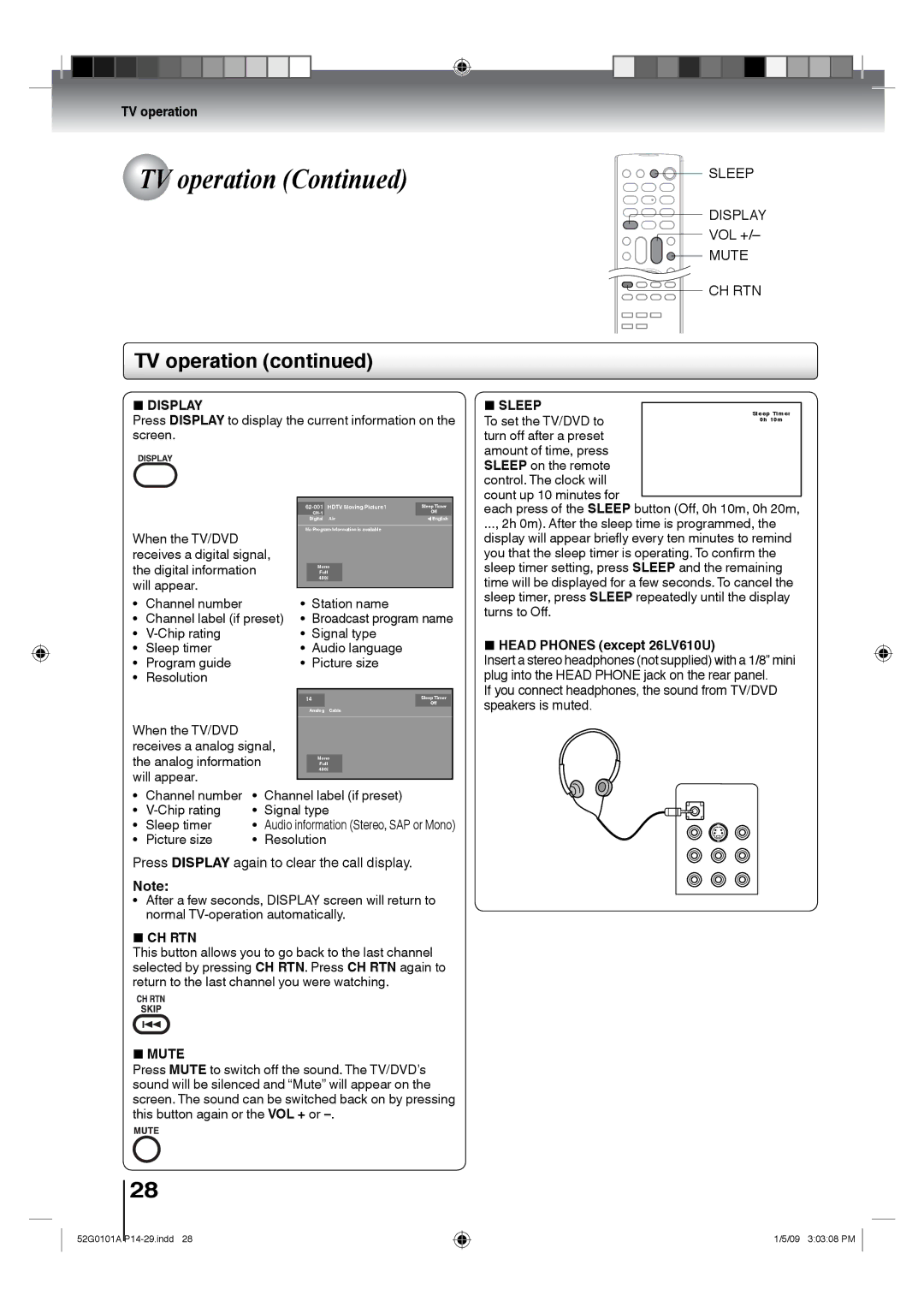 Toshiba 19LV611U, 22LV610U, 22LV611U, 19LV610U owner manual Mute CH RTN, Head Phones except 26LV610U 