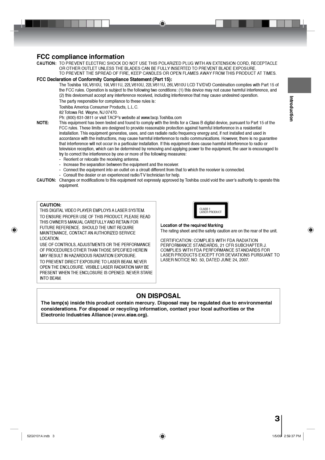 Toshiba 19LV611U FCC Declaration of Conformity Compliance Statement Part, Location of the required Marking, Introduction 