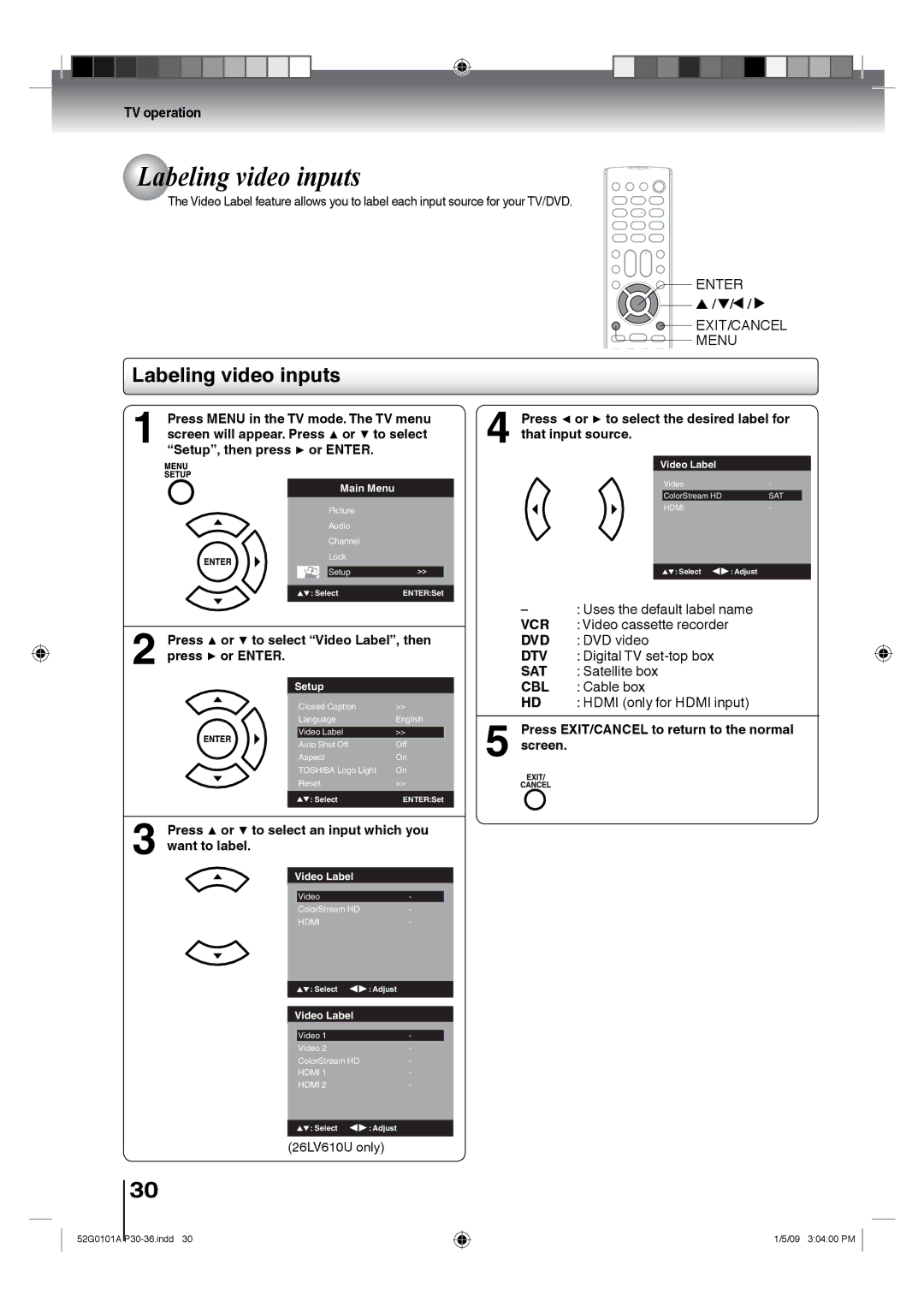 Toshiba 26LV610U, 22LV610U, 22LV611U, 19LV611U Labeling video inputs, Press or to select Video Label, then press or Enter 