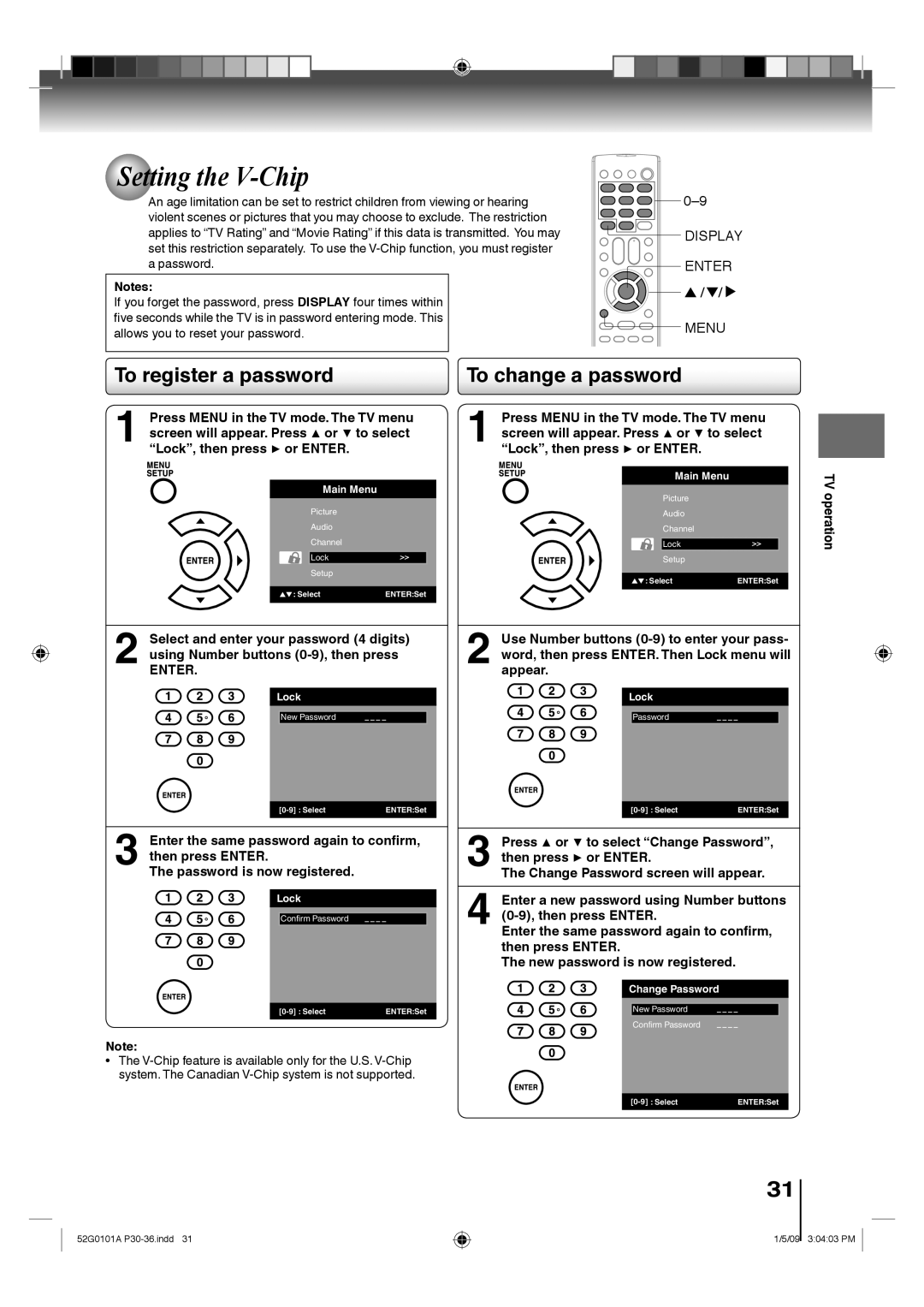 Toshiba 22LV610U, 26LV610U, 22LV611U, 19LV611U, 19LV610U owner manual Setting the V-Chip, To register a password 