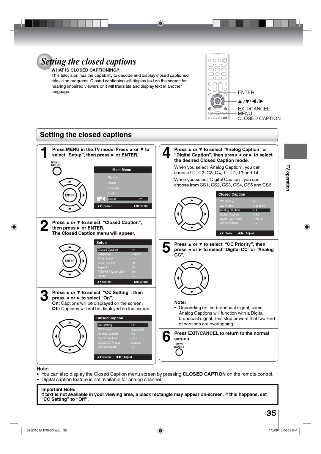 Toshiba 26LV610U, 22LV610U, 22LV611U, 19LV611U, 19LV610U Setting the closed captions, Select Setup, then press or Enter 