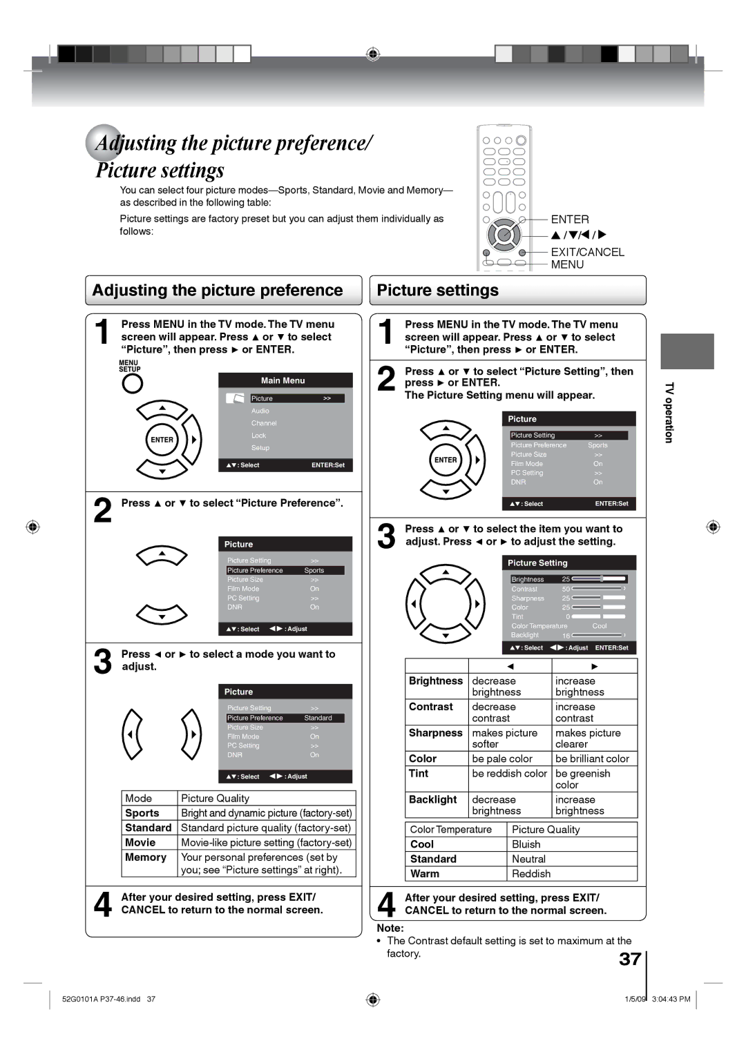 Toshiba 22LV611U, 26LV610U, 22LV610U, 19LV611U, 19LV610U owner manual Adjusting the picture preference/ Picture settings 