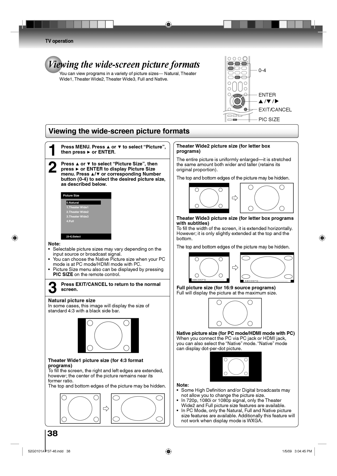 Toshiba 19LV611U, 26LV610U Viewing the wide-screen picture formats, Theater Wide1 picture size for 43 format programs 