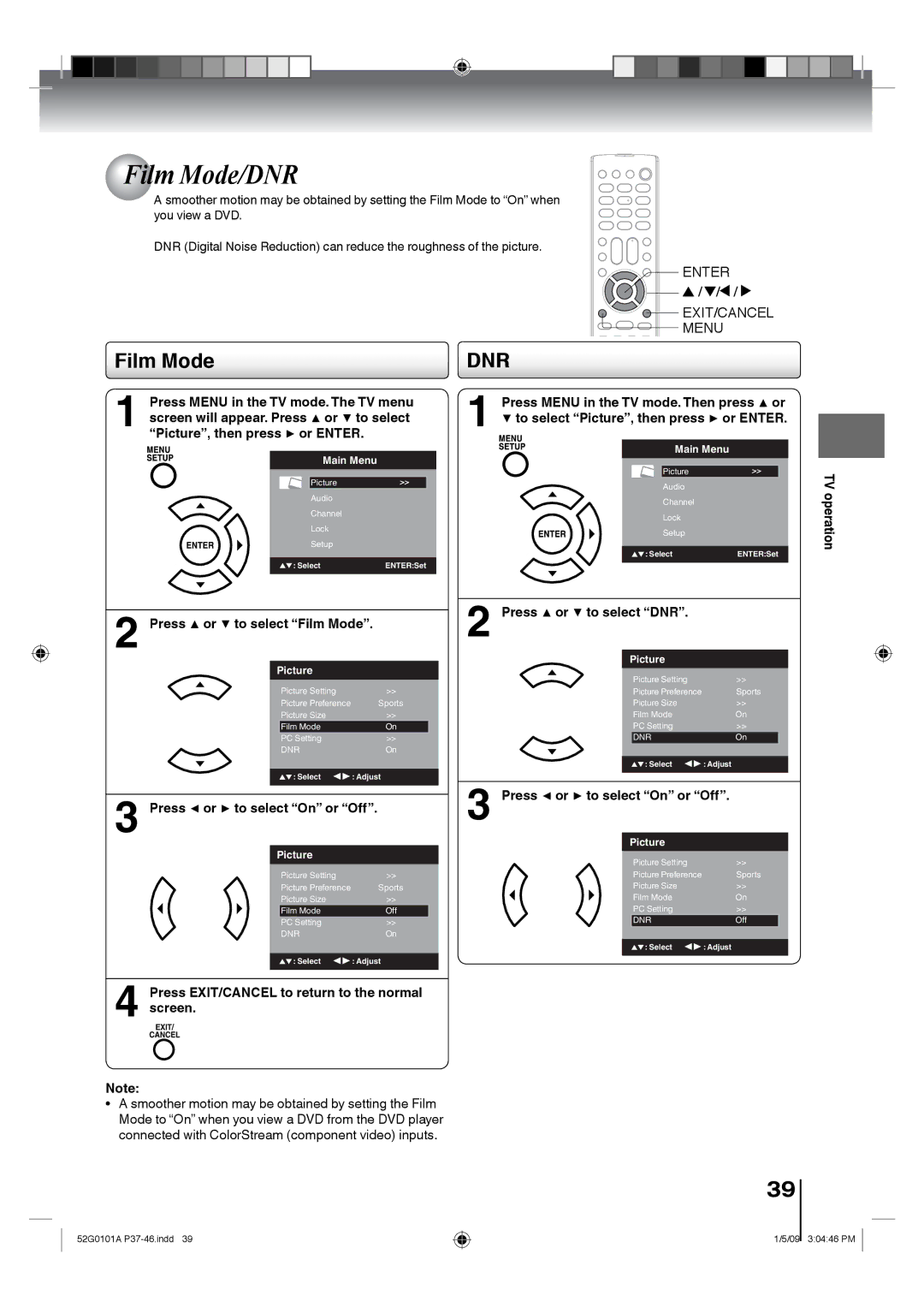 Toshiba 19LV610U Film Mode/DNR, Press or to select Film Mode, Press or to select On or Off, Press or to select DNR 