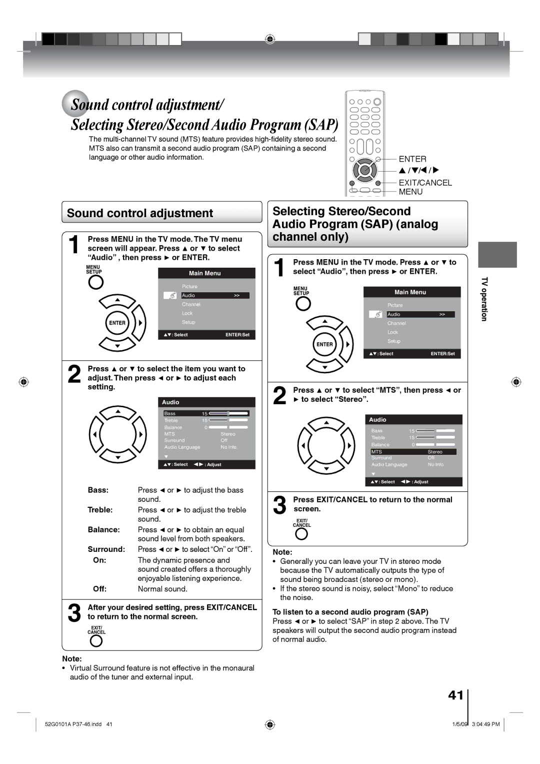 Toshiba 22LV610U, 26LV610U, 22LV611U, 19LV611U Sound control adjustment, Select Audio, then press or Enter, To select Stereo 