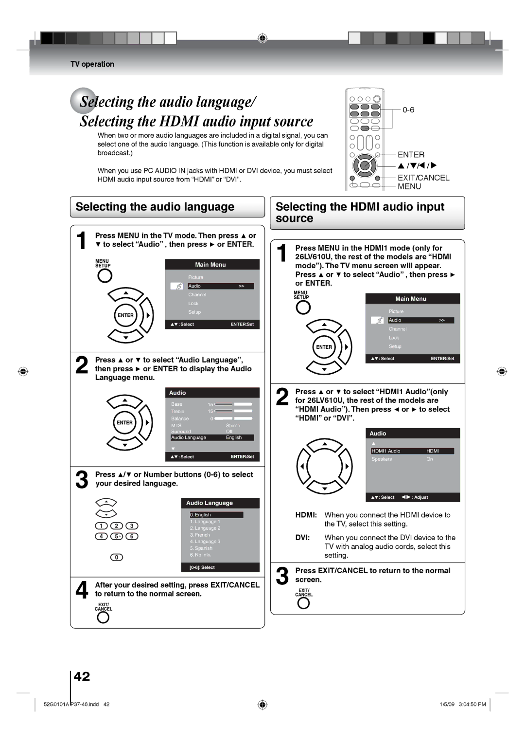 Toshiba 22LV611U, 26LV610U, 22LV610U, 19LV611U, 19LV610U Selecting the audio language, Selecting the Hdmi audio input source 