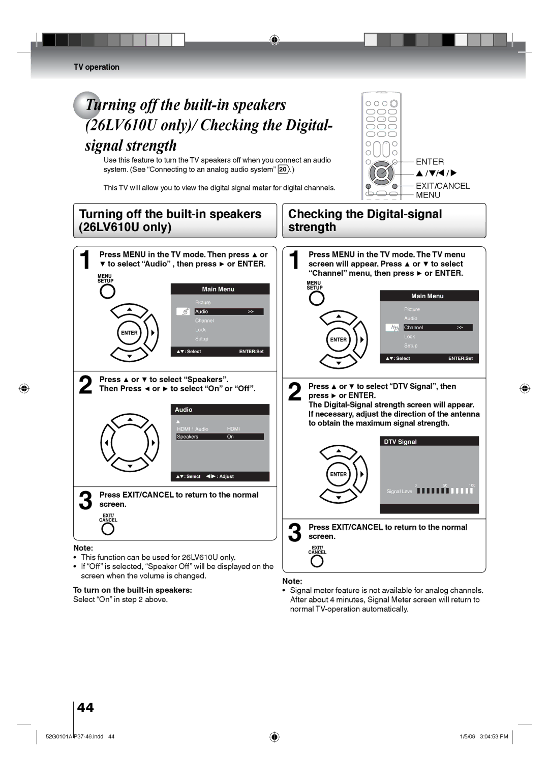 Toshiba 19LV610U Press or to select Speakers, Then Press or to select On or Off, To turn on the built-in speakers 