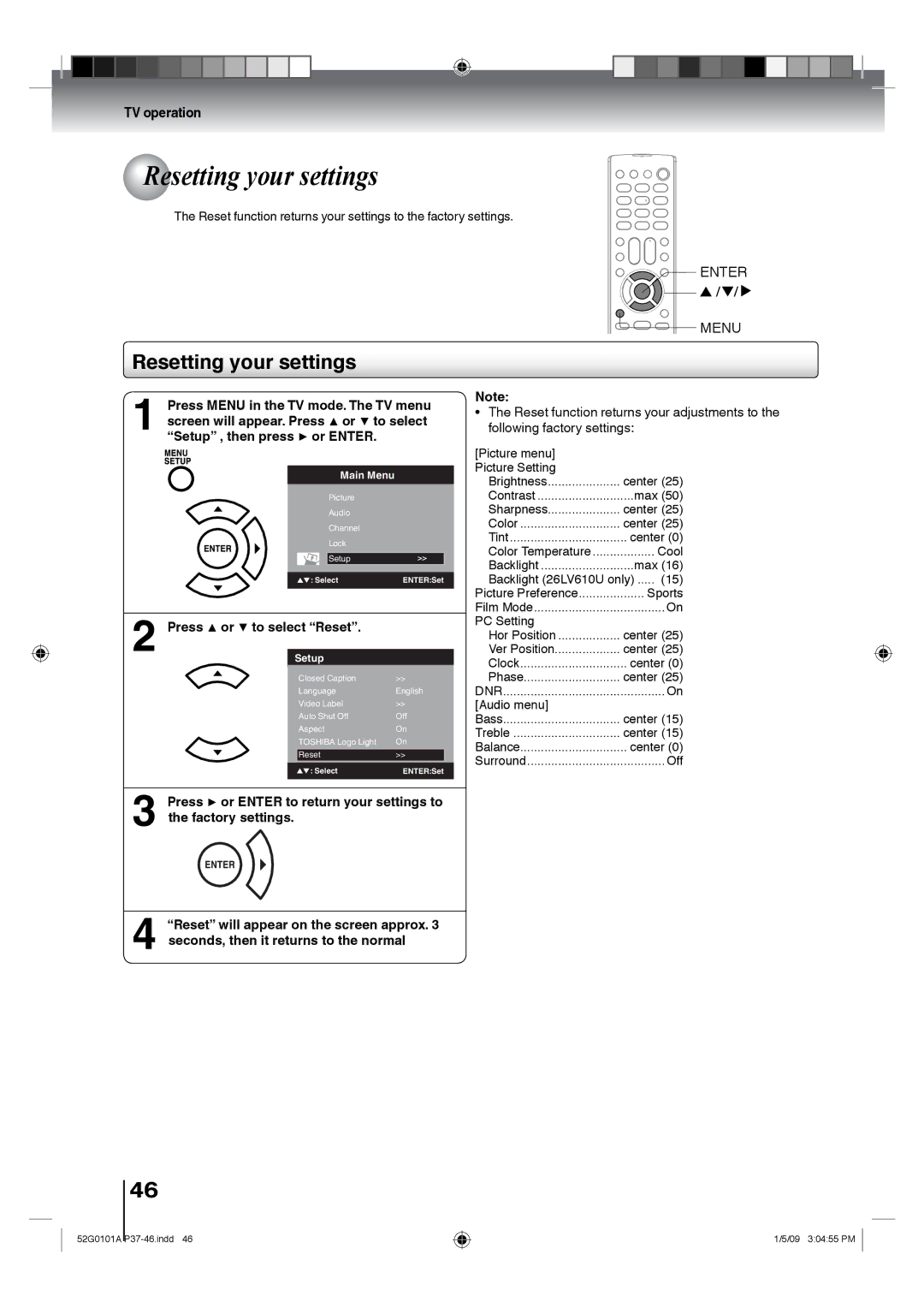 Toshiba 22LV610U, 26LV610U, 22LV611U, 19LV611U, 19LV610U owner manual Resetting your settings, Press or to select Reset 