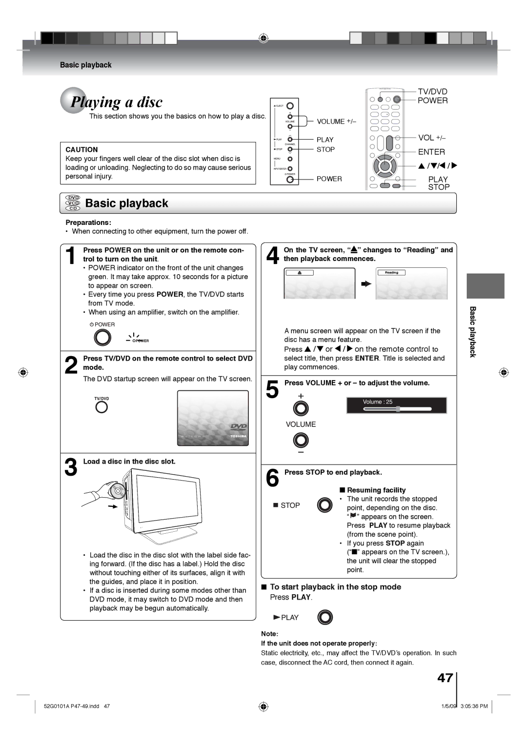 Toshiba 22LV611U, 26LV610U, 22LV610U, 19LV611U, 19LV610U owner manual Playing a disc, Vcdcd Basic playback 