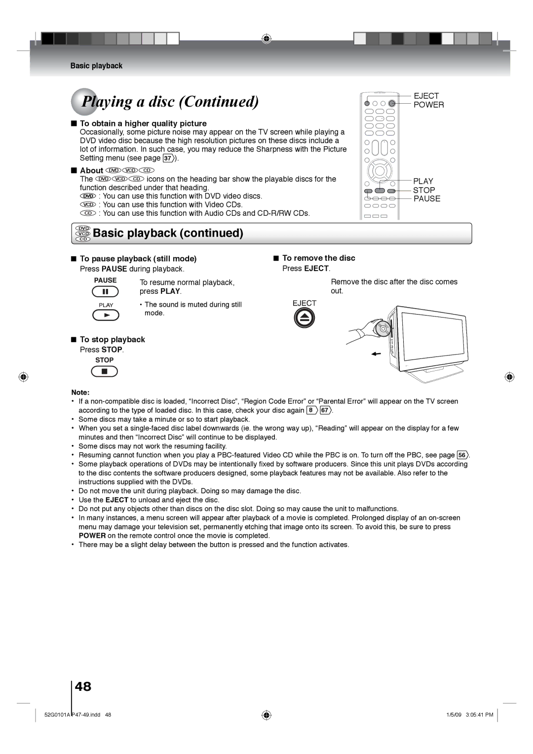 Toshiba 19LV611U VCD Basic playback, To obtain a higher quality picture, To pause playback still mode To remove the disc 