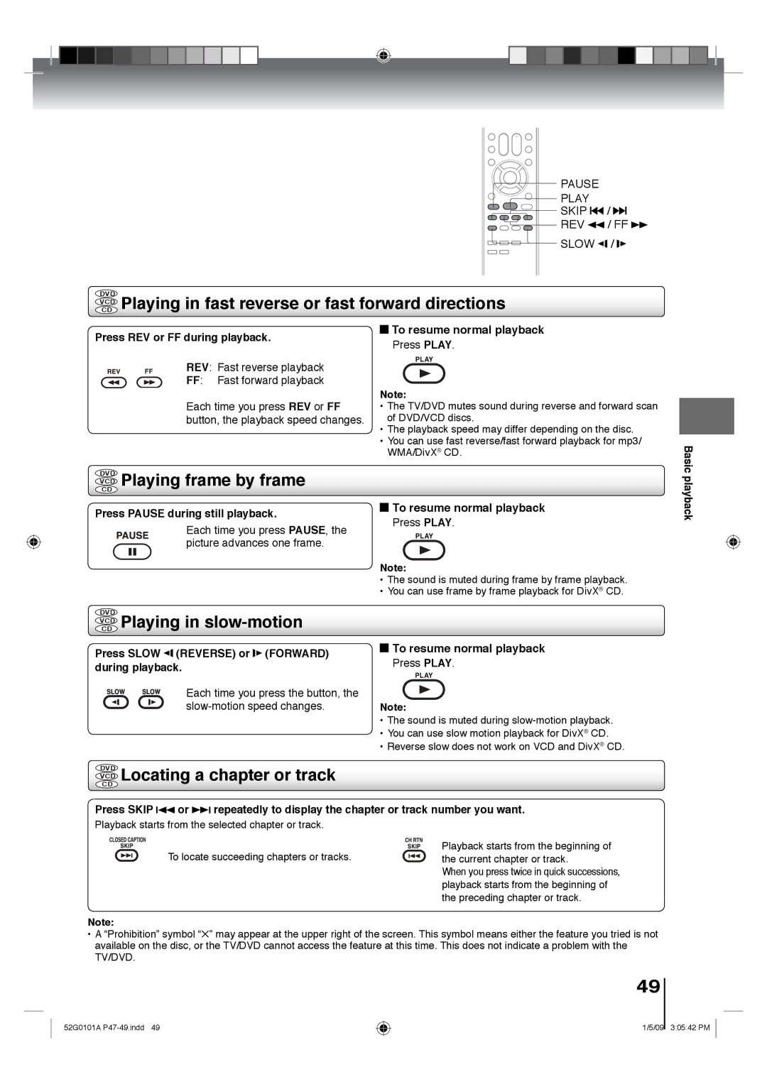 Toshiba 19LV610U, 26LV610U, 22LV610U Vcdcd Playing in fast reverse or fast forward directions, VCD Playing frame by frame 