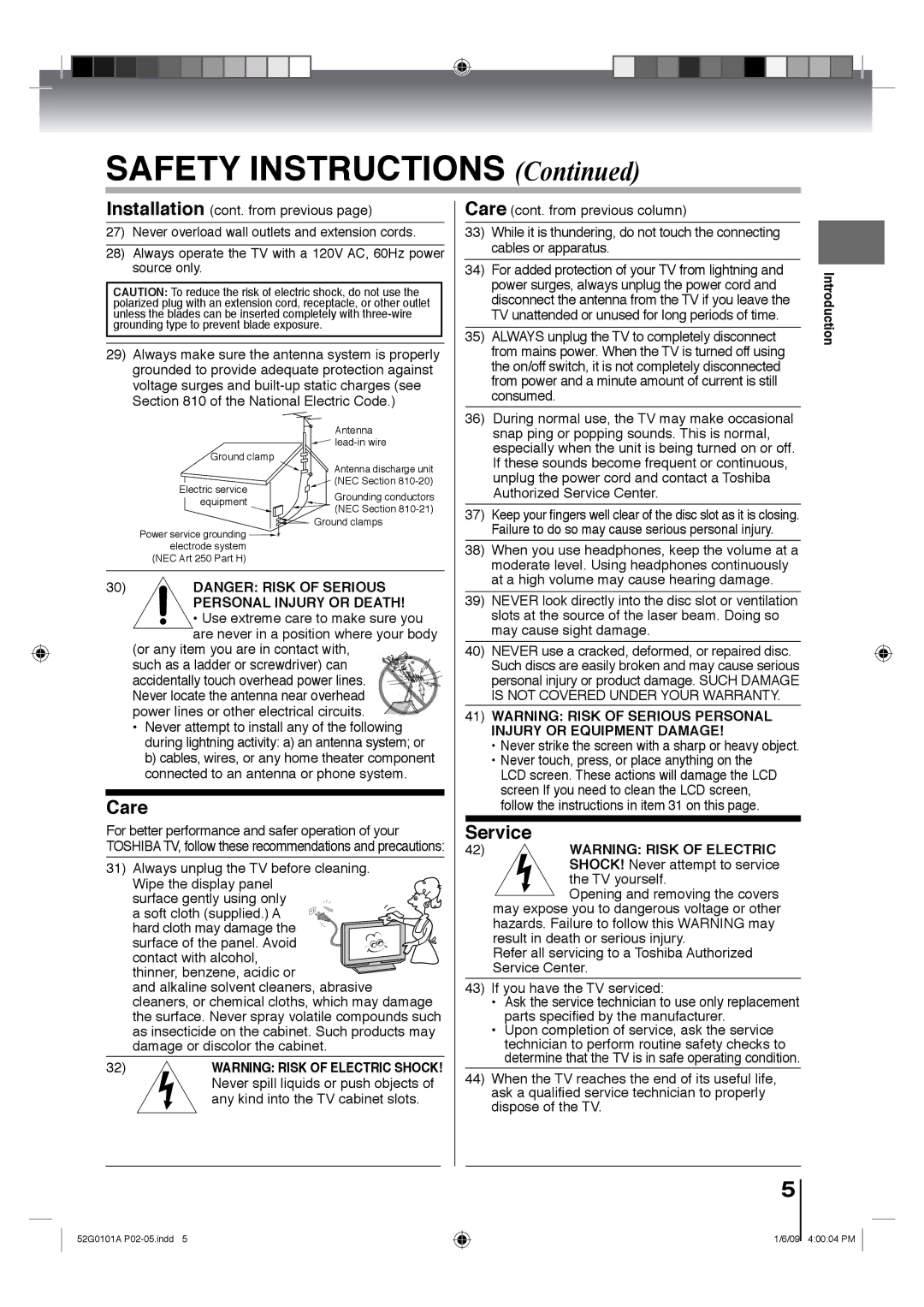 Toshiba 26LV610U, 22LV610U, 22LV611U, 19LV611U, 19LV610U owner manual Safety Instructions 